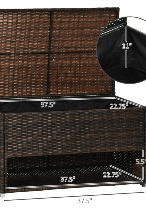 Outdoor Deck Box & Shoe Storage, PE Rattan Wicker Towel Rack with Liner for Indoor, Outdoor, Patio Furniture Cushions, Pool, Garden Tools, Brown