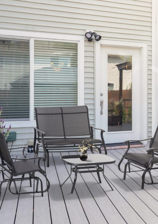 4 Pieces Gliders Set, Outdoor Furniture Sets with 2-Person Glider Patio Bench, Single Sling Chair and Glass Coffee Table for Backyard, Lawn and Garden, Black