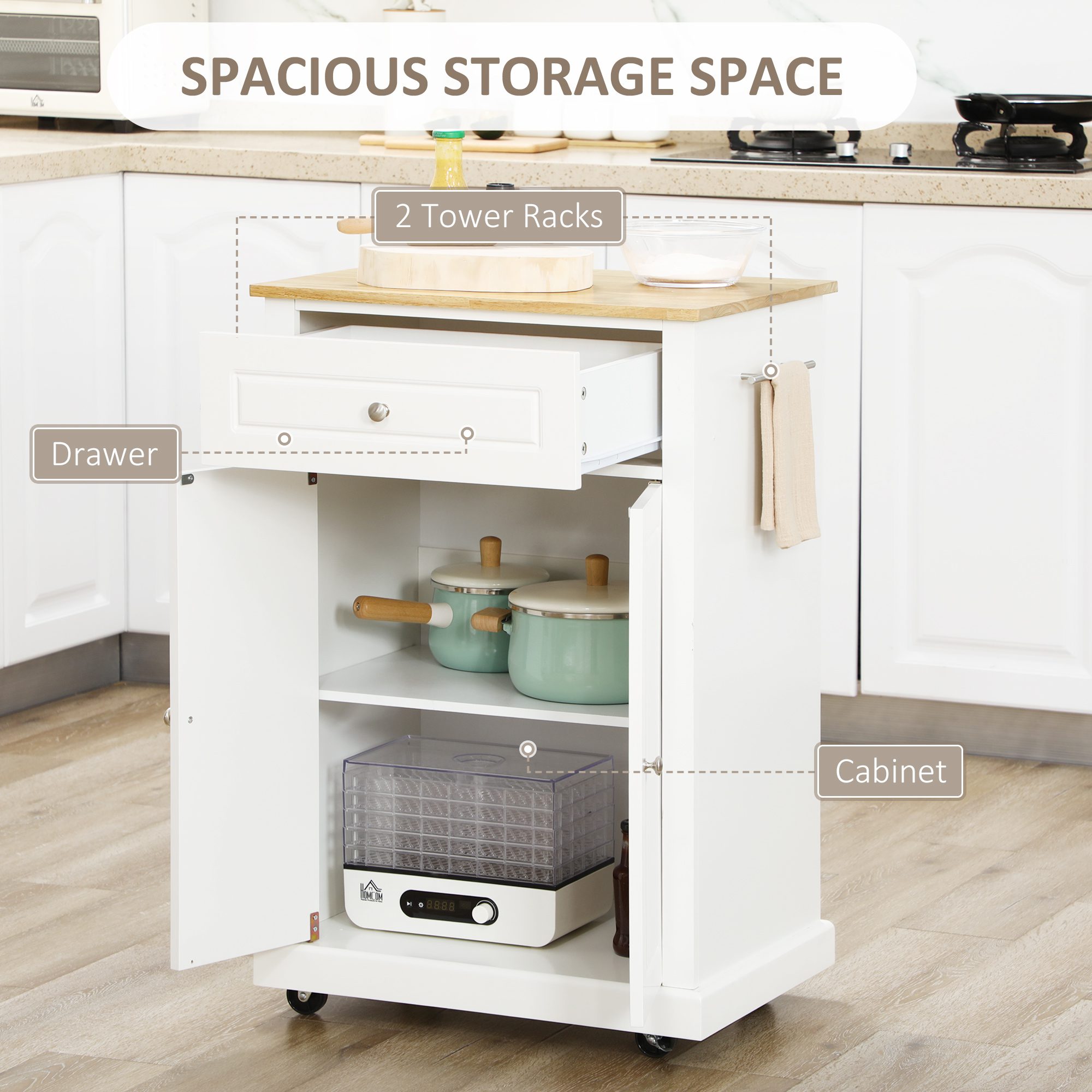 Rolling Kitchen Island Cart, Portable Serving Trolley Table with Drawer, Adjustable Shelf and 2 Towel Racks, Cream White - Image 2