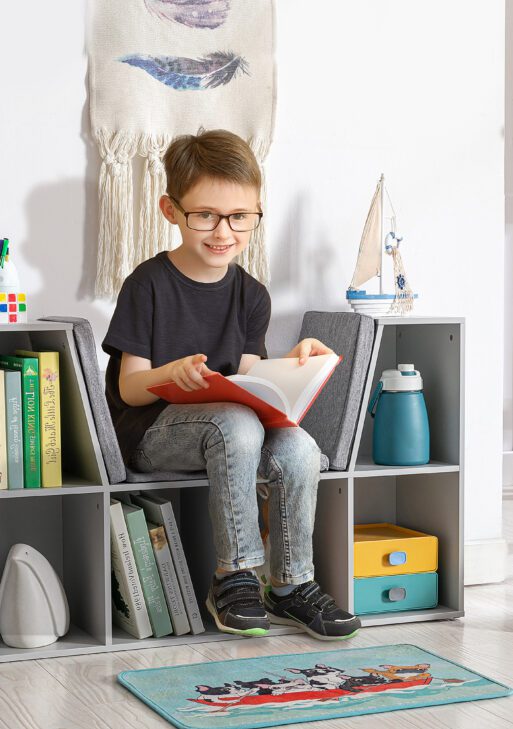 6-Cubby Kids Bookcase with Reading Nook and Cushion, Multi-Purpose Storage Organizer for Bedroom, Living Room, Grey