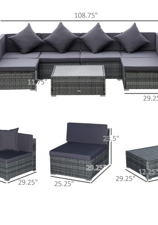 7-Piece Patio Furniture Sets PE Rattan Sectional Sofa Set Outdoor Conversation Set w/Acacia Top Coffee Table & Cushion for Garden, Backyard, Grey