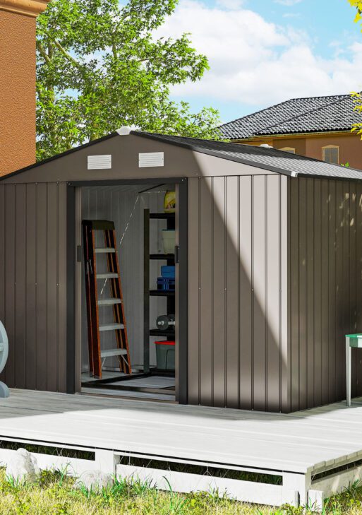 Outdoor Shed Garden Storage Shed Tool Storage Building with 4 Vents and 2 Sliding Doors, 9 x 6 FT, Brown