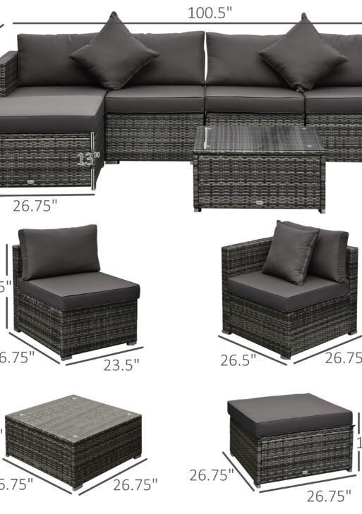 6 Piece Patio Furniture Set Outdoor Wicker Conversation Set All Weather PE Rattan Sectional Sofa Set with Ottoman, Cushions and Tempered Glass Table, Mixed Gray and Charcoal