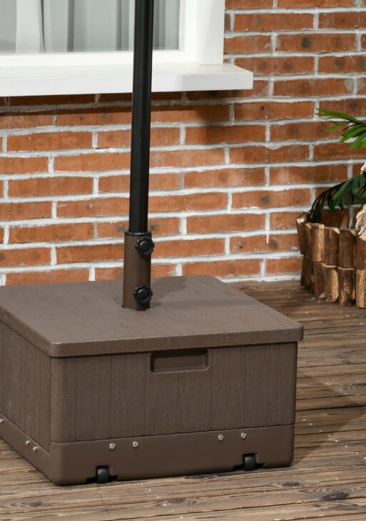 3-in-1 Outdoor Umbrella Base, Coffee End Table, Flower Box Planter, 175lbs Capacity Patio Umbrella Stand Table with Wheels and Handles, Brown