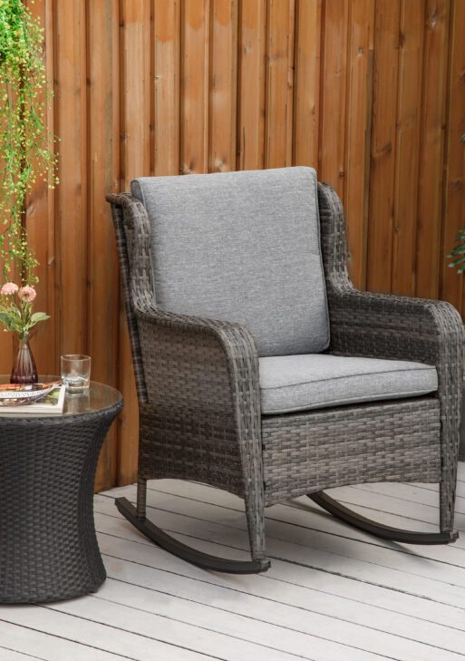 Patio Wicker Rocking Chair, Outdoor PE Rattan Swing Chair w/ Soft Cushions, Classic Style for Garden, Patio, Lawn, Mixed Gray