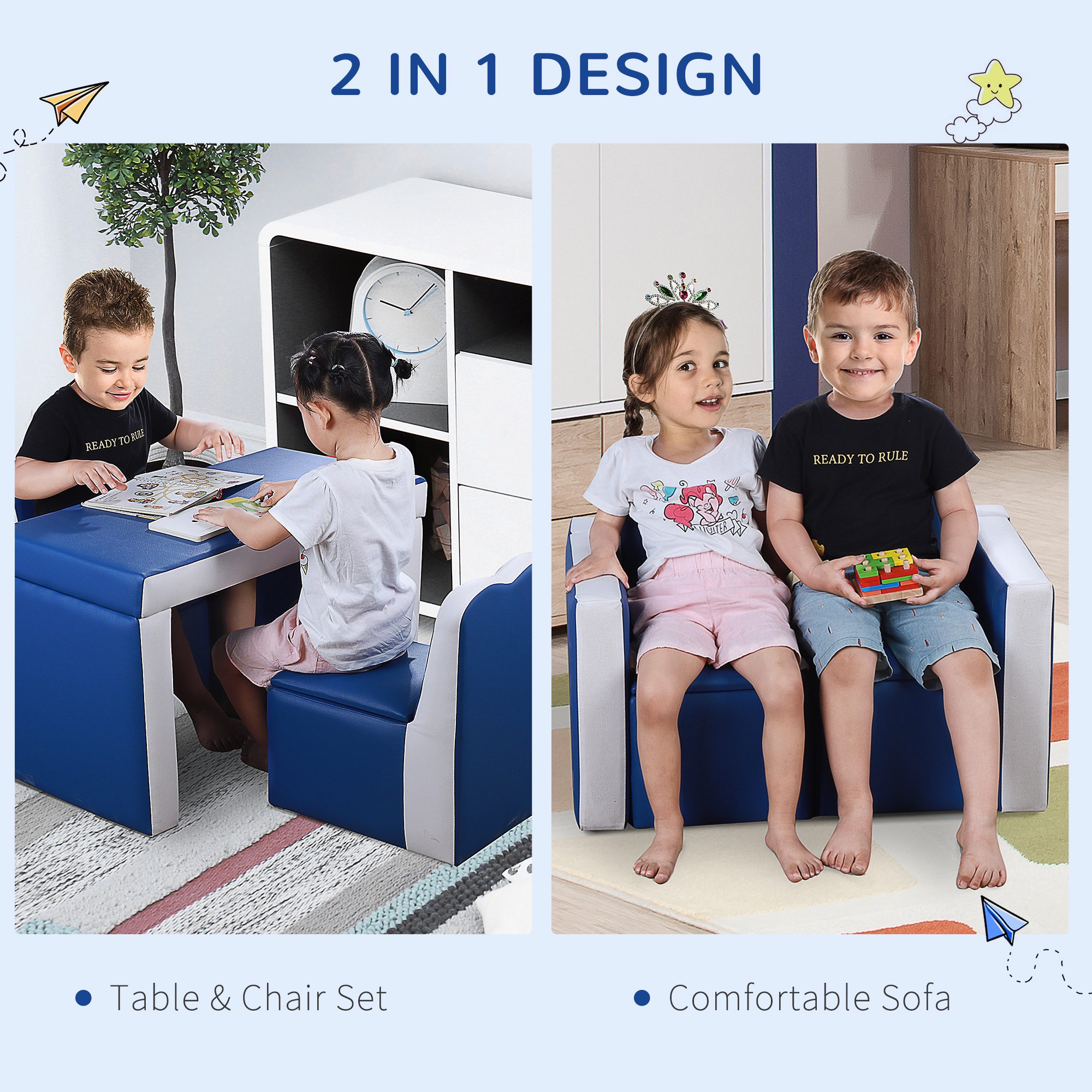 Kids Sofa Set 2-in-1 Multi-Functional Toddler Table Chair Set 2 Seat Couch Storage Box Soft Sturdy Blue - Image 6