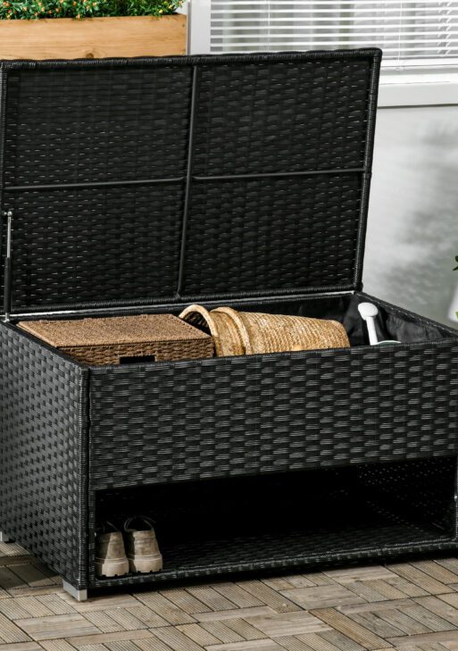 Outdoor Deck Box & Shoe Storage, PE Rattan Wicker Towel Rack with Liner for Indoor, Outdoor, Patio Furniture Cushions, Pool, Garden Tools, Black