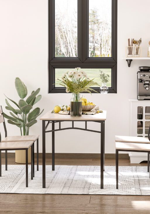 Rustic Industrial 5-Piece Dining Table Set Black Metal with 4 Chairs for Kitchen, or Dining Room, Oak