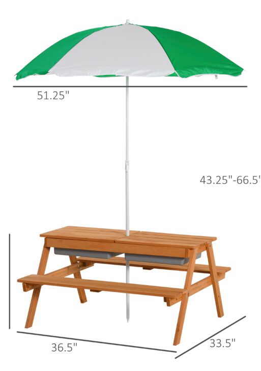 Kids 3 in 1 Sand and Water Table, Wooden Outdoor Convertible Picnic Table with Umbrella and Storage Inside, Bench Backyard Furniture for Garden, Patio, or Balcony