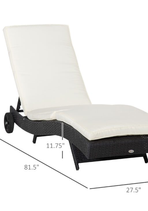 Wicker Chaise Lounge Chair Outdoor PE Rattan Cushioned Patio Sun Lounger with 5-Level Adjustable Backrest & Wheels for Easy Movement, Cream White