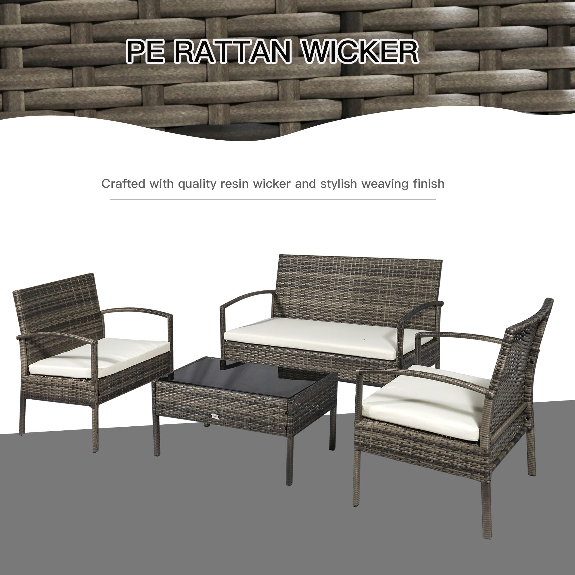 Patio Furniture Set, 4 Piece Indoor Outdoor PE Wicker Conversation Set with Chairs, Loveseat Sofa, Cushions, Glass Table for Backyard, Sunroom, Pool, Garden, Light Gray - Image 3