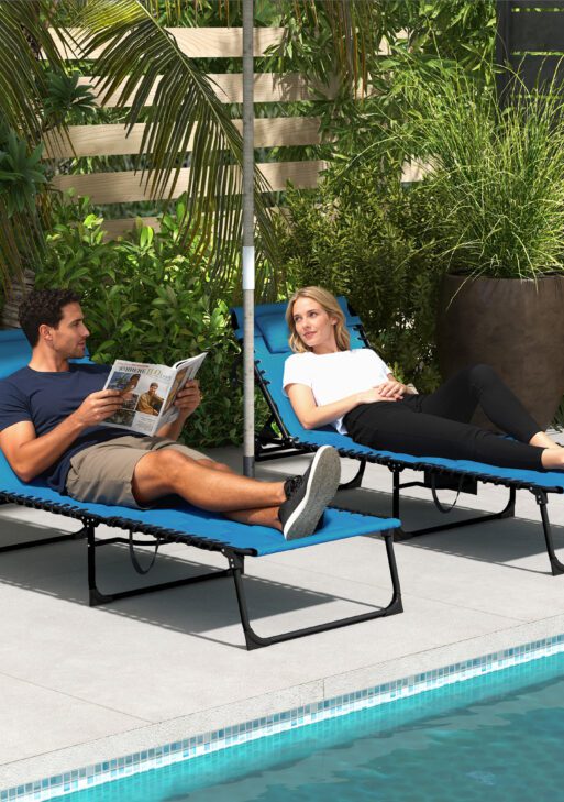 Folding Chaise Lounge Set with Reclining Back, 25.6" x 74" x 14.2", Blue