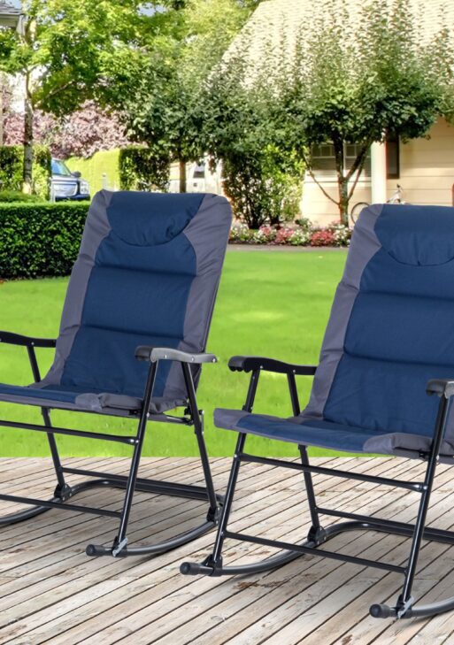 2 Piece Outdoor Patio Furniture Set with 2 Folding Padded Rocking Chairs, Bistro Style for Porch, Camping, Balcony, Navy Blue