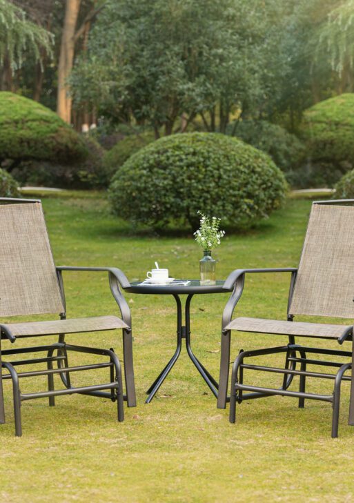 2 Piece Glider Set, Outdoor Swing Chairs, Patio Rocking Armchairs with Breathable Mesh Fabric, Steel Frame for Garden, Backyard, Patio, Dark, Brown/Khaki