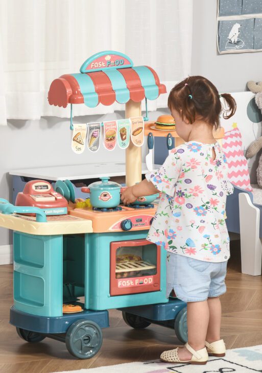 Qaba Kids Kitchen Food Stand with Play Food, Cashier Register, Accessories Ages 3-6