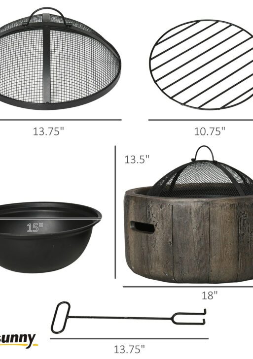 Outdoor Fire Pit, 18 Inch Metal Wood Burning Fireplace with Spark Cover, Poker, Woodgrain Design for Patio, Picnic, Backyard, Dark Brown