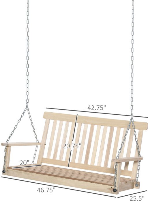 2-Seater Hanging Porch Swing Outdoor Patio Swing Chair Seat with Slatted Build and Chains, 440lbs Weight Capacity, Natural