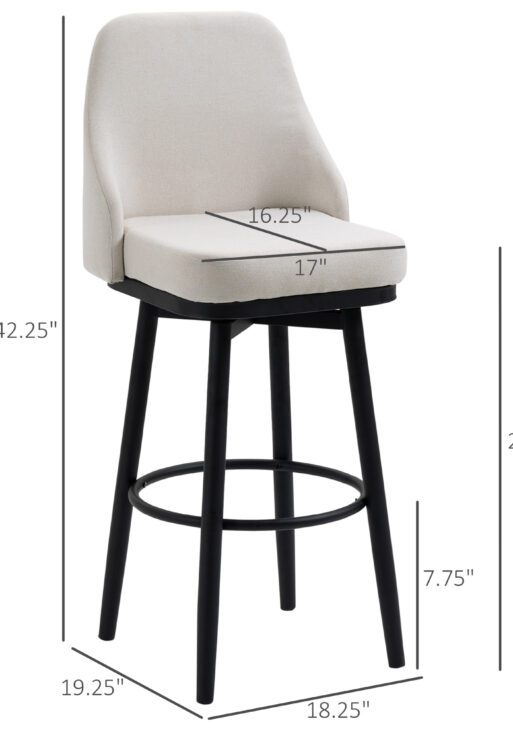 Bar Height Bar Stools Set of 2, Modern 360° Swivel Kitchen Chairs with Steel Legs and Footrest, 29.5 Inch Seat Height Upholstered Barstools for Kitchen Island, Cream White