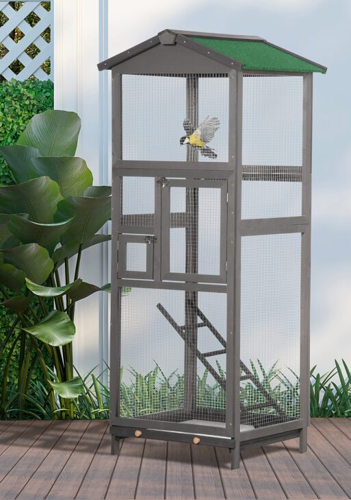65" Wooden Bird Cage Outdoor Aviary House for Parrot, Parakeet, with Pull Out Tray and 2 Doors, Grey