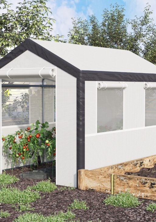 10' x 7' x 7' Greenhouse, Walk-in Outdoor Tunnel Green House with PE Cover, Steel Frame, 2 Roll-Up Zipper Doors & 4 Windows for Flowers, Vegetables, Tropical Plants, White
