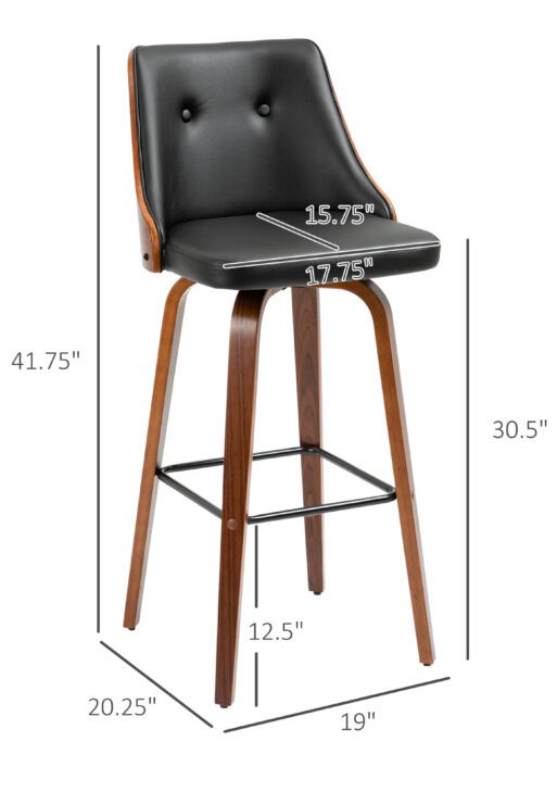 Bar Height Bar Stools, PU Leather Swivel Barstools with Footrest and Tufted Back, Set of 2, Black