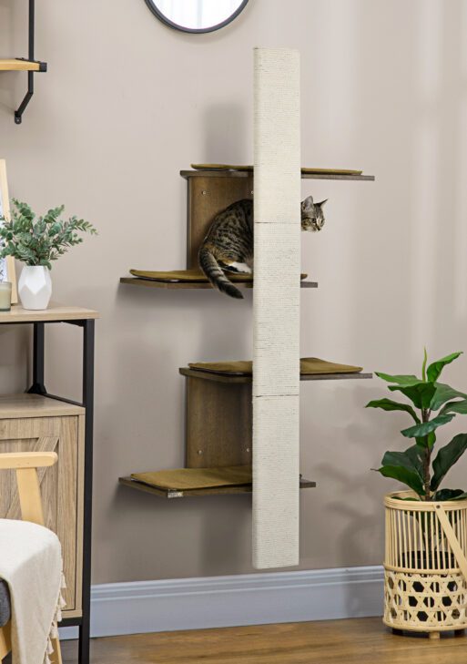 Wall-Mounted Cat Tree, 4-Layer Cat Wall Shelves Furniture with Scratching Board, Kitten Activity Center with Cushions, Natural