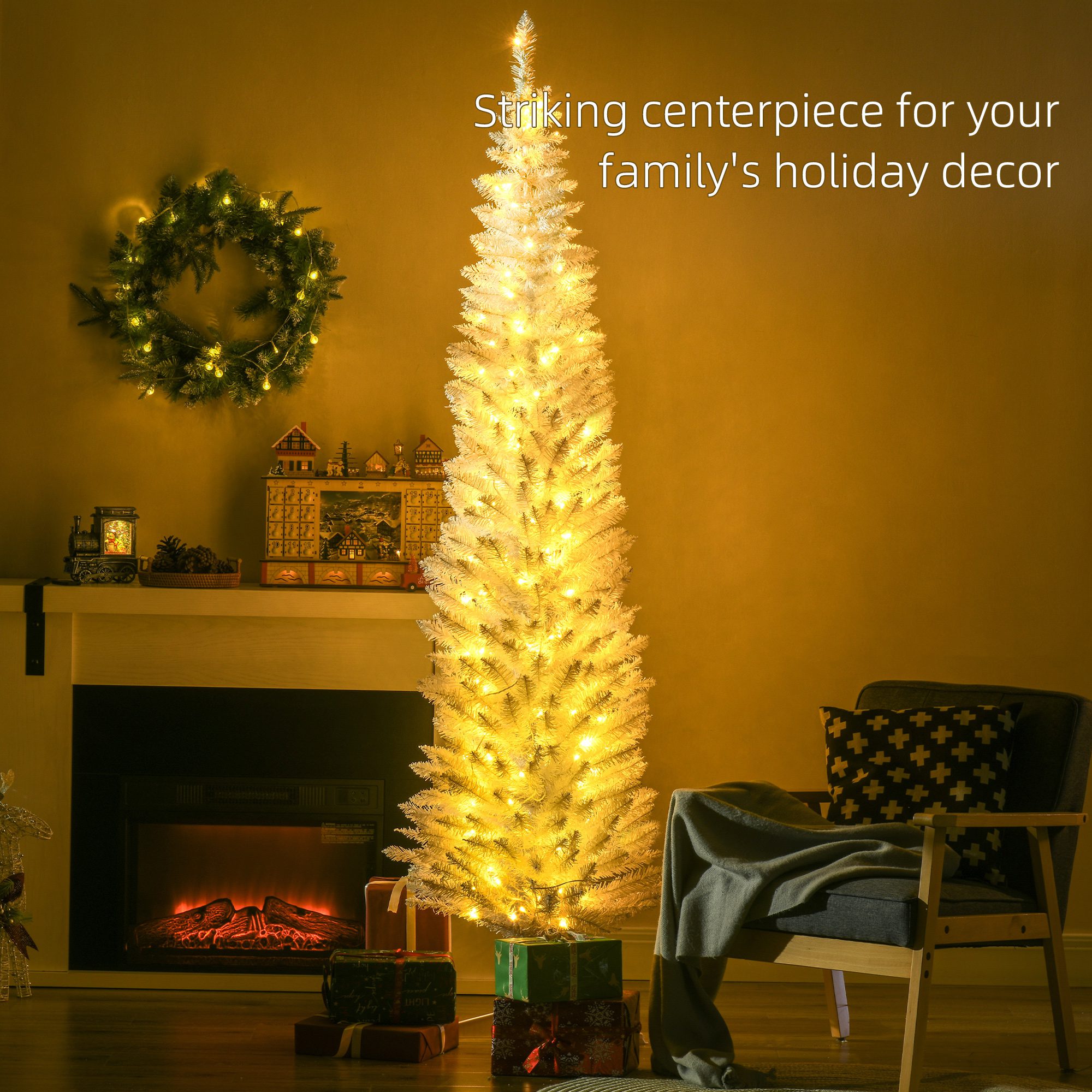 7ft Pencil Christmas Tree, Slim Artificial Christmas Tree with Realistic Branches and Warm White LED Lights, White - Image 2