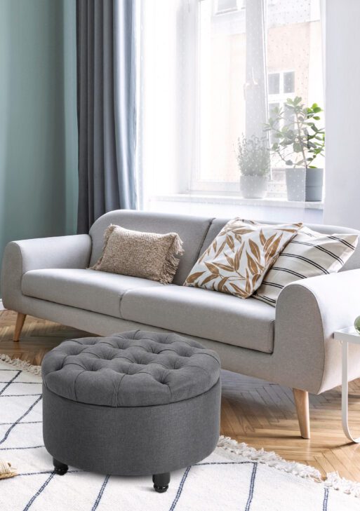 Round Linen-touch Fabric Storage Footstool Ottoman Button Tufted Footrest with Removable Lid, Grey