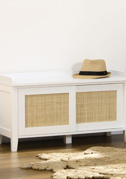 Entry Way Bench Shoe Storage Bench with Shoe Cabinets 2 Rattan Sliding Doors and Pine Wood Legs for Hallway White