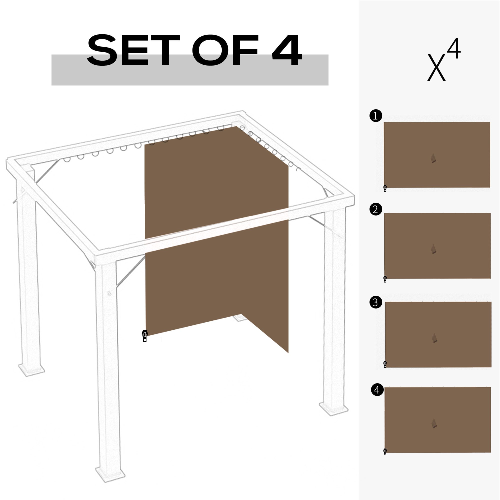 9.84' x 9.84' Gazebo Sidewall Set with Hooks/C-Rings, Brown - Image 2