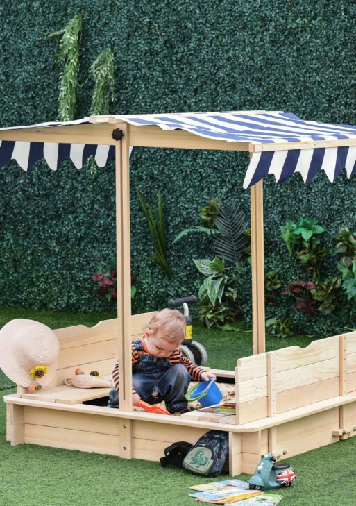 Covered Sandbox, Wooden，with Cover Adjustable Canopy, Detachable Seats and Backrests, Kids Sandbox with Convertible Bench Seat, Bottom Liner, Natural Blue