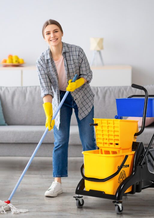 2 x 6.9 Gallon Mop Water Bucket Wringer Cart with Easy to Use Side Press Wringer, Smooth Wheels, Mop-Handle Holder