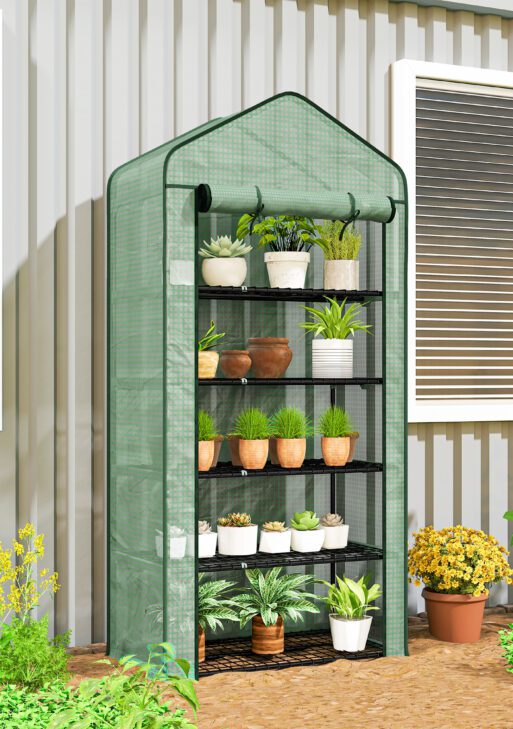 5 Tier Mini Greenhouse, Small Portable Greenhouse with PE Cover, Roll-Up Zippered Door, 76" x 35.4" x 19.3", Green