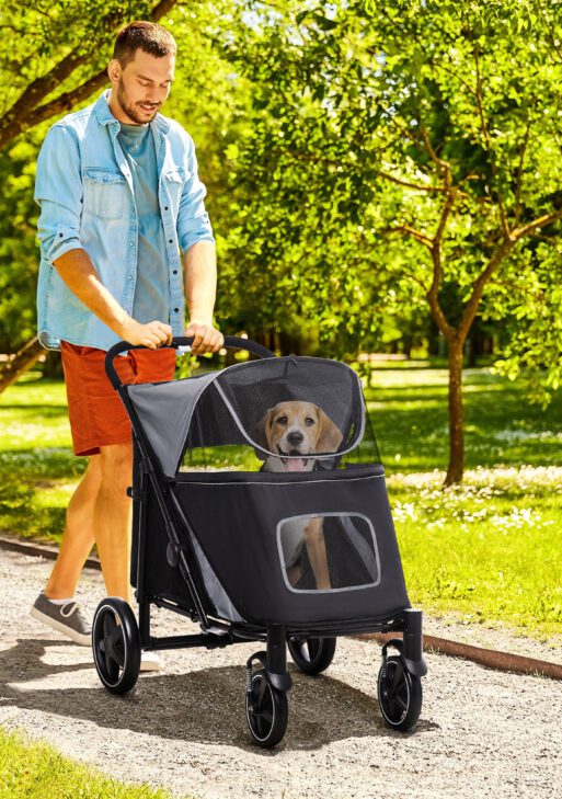 Dog Stroller for Large Medium Small Dogs up to 66 Lbs. 23.5" in Body Length, One-Click Foldable Pet Cat Stroller with Storage, Shock Absorption Wheels, Mesh Window, Safety Leash, Gray