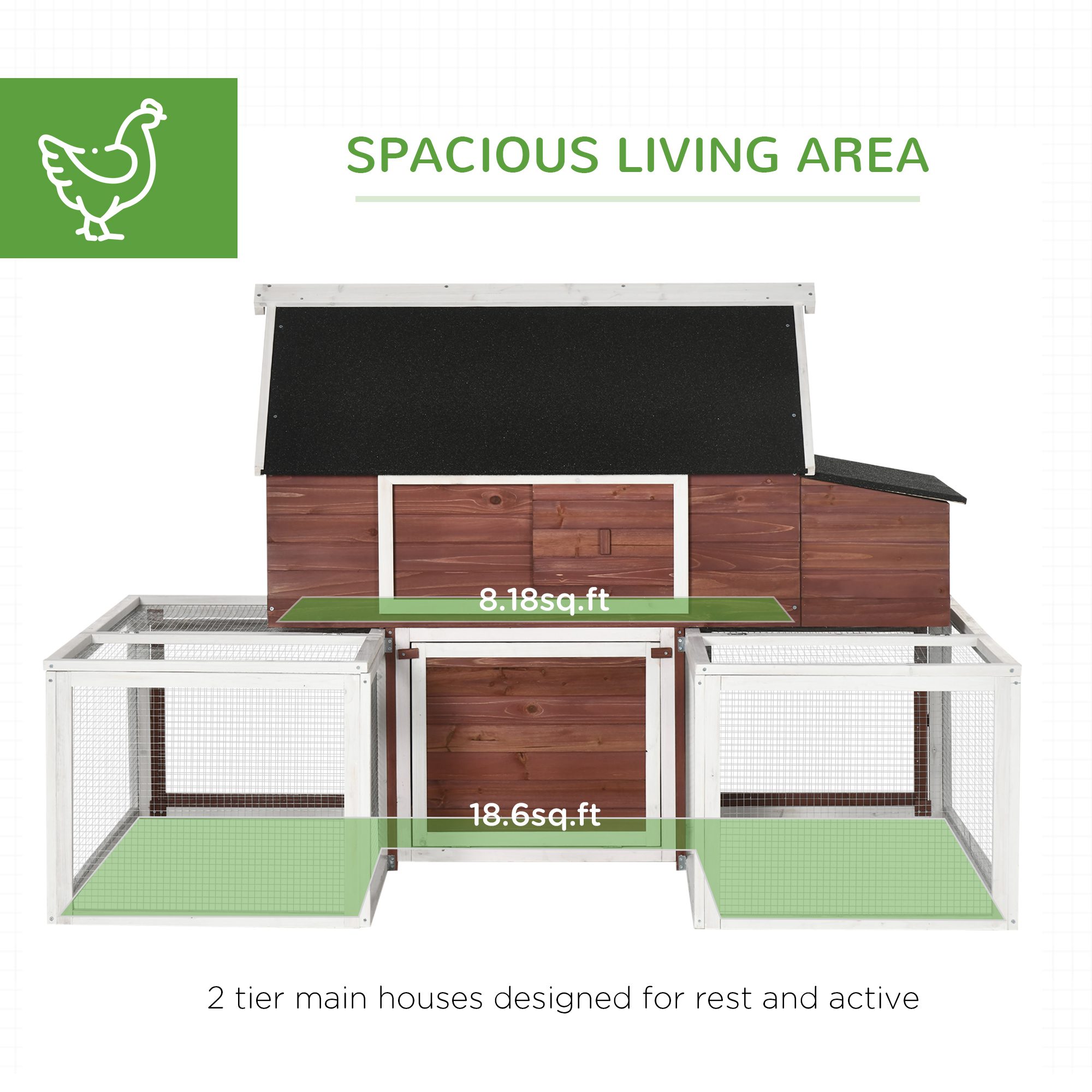 Wooden Chicken Coop, Outdoor Chicken Cage Poultry Hen House with Nesting Box, Double Runs, Asphalt Roof, Ramp - Image 2