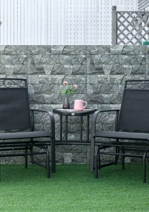 Outdoor Glider Chairs with Coffee Table, Patio 2-Seat Rocking Chair Swing with Breathable Sling for Backyard, Black