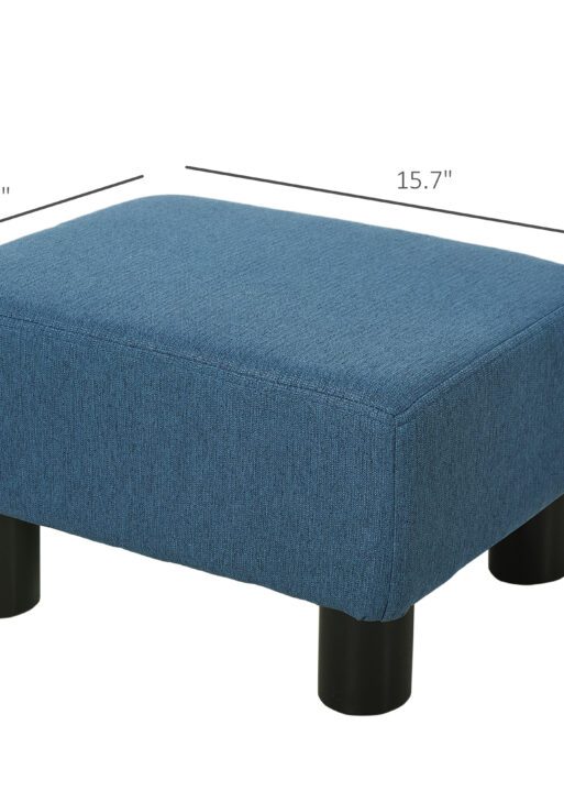 Ottoman Foot Rest, Small Foot Stool with Linen Fabric Upholstery and Plastic Legs, Cube Ottoman for Living Room, Blue