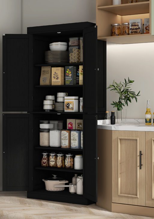 72" Kitchen Cabinet, Pantry Storage Cabinet with Doors and Shelves, Freestanding Food Pantry Cabinet, Black Wood Grain