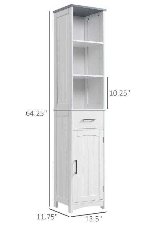 Tall Bathroom Storage Cabinet, Narrow Bathroom Cabinet with 3 Tier Shelving, Drawer and Adjustable Shelves, Slim Freestanding Linen Tower, White