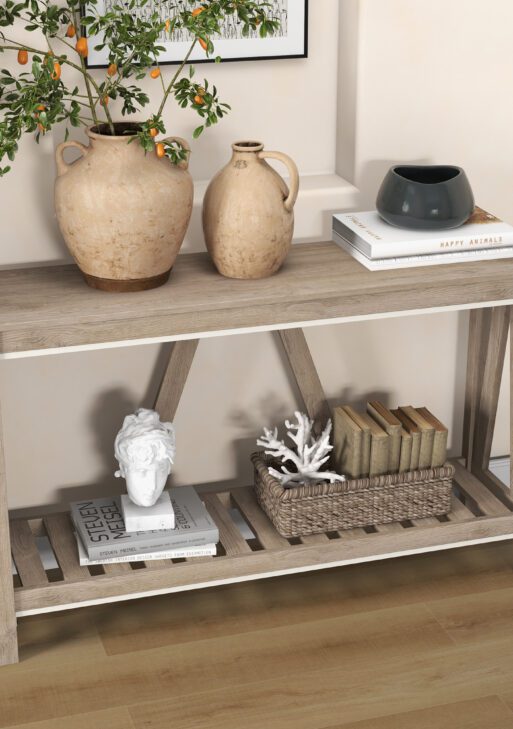 Console Table, Farmhouse Entryway Table with Storage Slatted Shelf, Rustic Sofa Table with Anti-Tipper for Living Room, Hallway, Gray