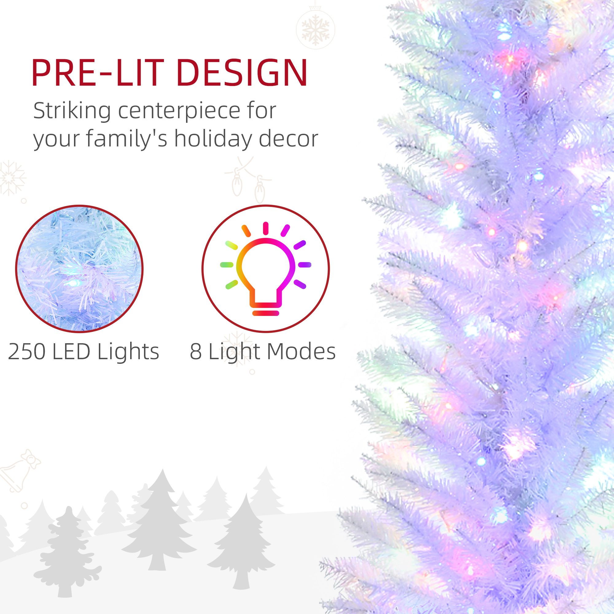 7' Prelit Christmas Trees, Pencil Artificial Christmas Tree with Colorful Surface Branches, Colorful LED Lights, White - Image 4