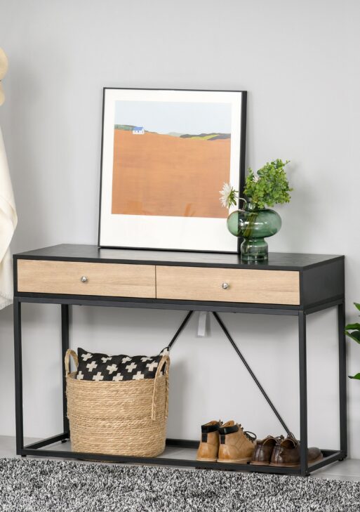 Console Table, Hallway Table with 2 Drawers, Steel Frame Sofa Table for Entrance and Living Room, Black