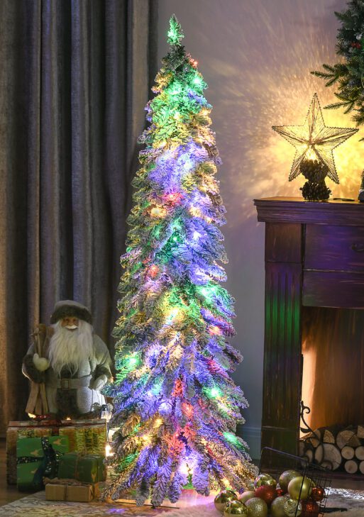 5' Artificial Slim Christmas Trees, with Snow Frosted Branches, Warm White or Colorful LED Lights, Downswept Shape