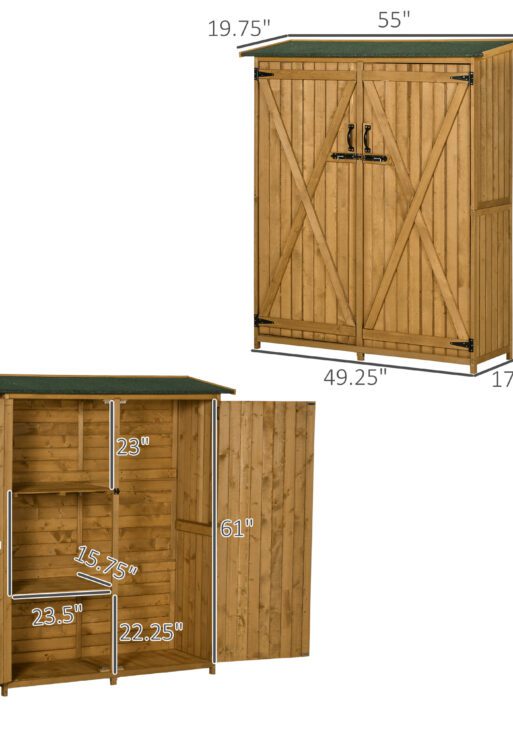 Outdoor Storage Cabinet Wooden Garden Shed Utility Tool Organizer with Waterproof Asphalt Rood, Lockable Doors, 3 Tier Shelves for Lawn, Backyard, Natural