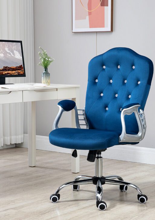 Velvet Office Chair Desk Chair with 360 Degree Swivel Wheels Adjustable Height Tilt Function Blue
