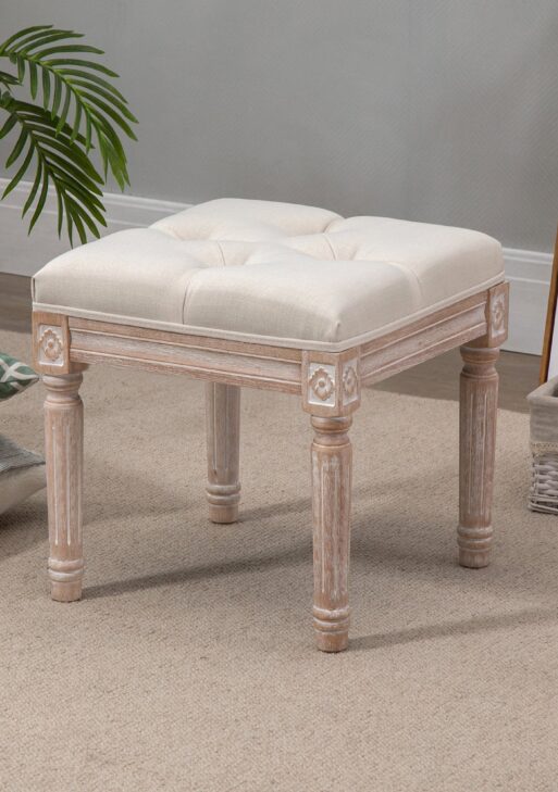 Ottoman Bench Vintage Footrest w/ Button Tufted Seat, Carved Wooden Legs, Beige