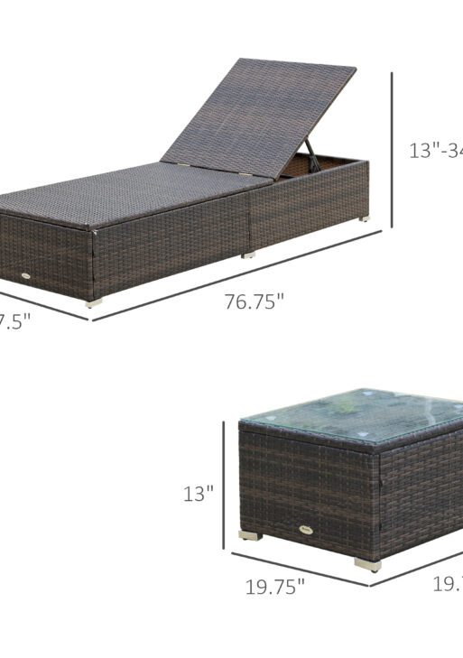 Outdoor Lounge Chairs Set of 2 with 5-Level Angles Adjust Backrest, Thick Cushions, & Matching Table, Patio Rattan Furniture Sets for Pool Side, Balcony, Beach, Yard, MixedBrown