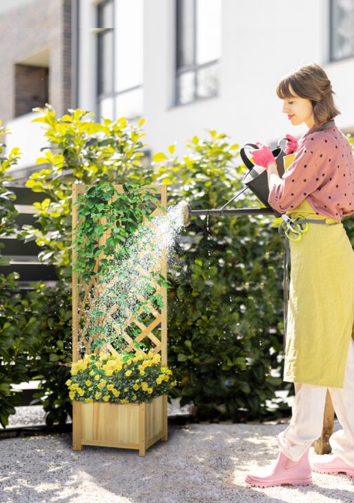 Wooden Raised Garden Bed, Planter with Trellis for Vine Climbing and Vegetables, Herbs and Flowers Growing, Natural
