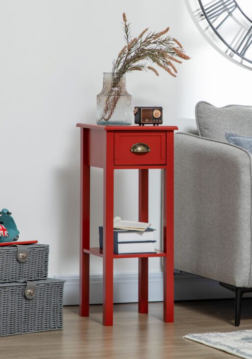 2-Tier Side Table with Drawer and Shelf, End Table for Living Room and Hallway, Red