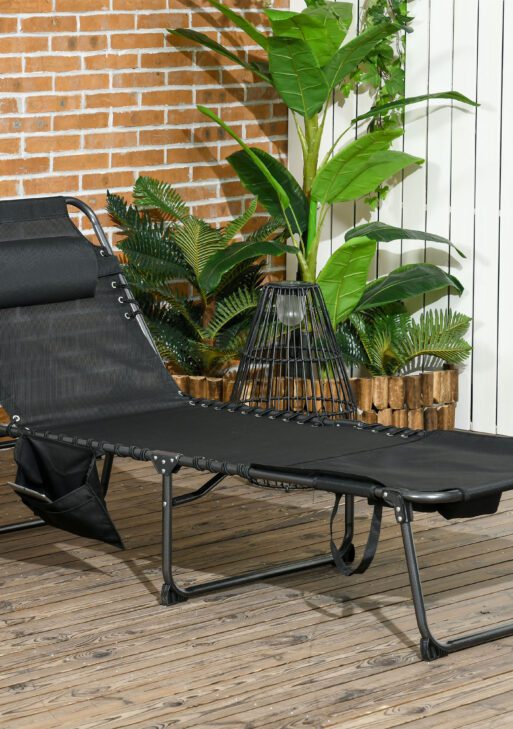 Folding Chaise Tanning Lounge Chair w/ 5-level Reclining Back, Reading Hole, Side Pocket, Headrest, Black